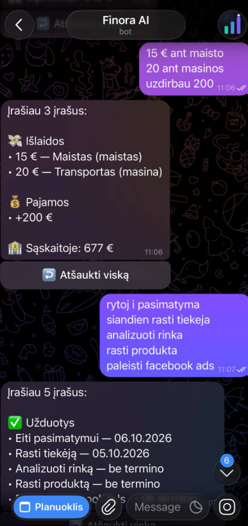 Finora AI pokalbis Telegram'e