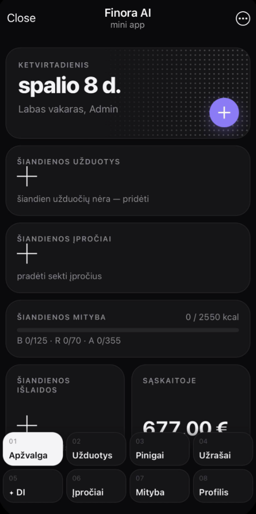 Finora AI mini programėlės ekranas